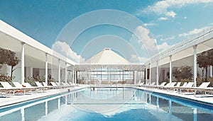 Empty modernist swimming pool with lawn chairs photo