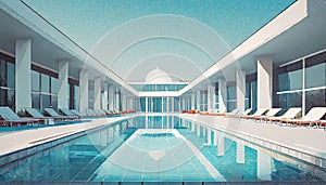 Empty modernist swimming pool with lawn chairs photo