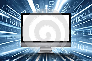 Empty monitor and binary code background