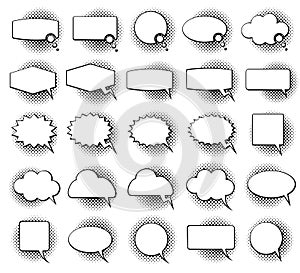 Empty monochrome speech comic text bubbles with halftone dot shadow effect vector set