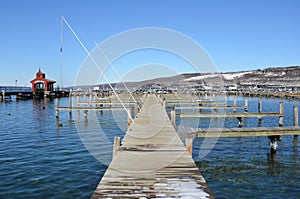 Empty mooring slips on Seneca Lake harbor during late winter