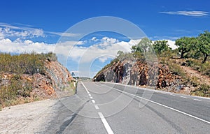 Empty mountain road landscape summer blue sky travel mountains highway asphalt rural way transportation beautiful speed Portugal