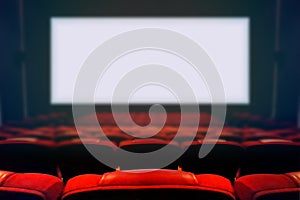 Empty movie cinema seat with blank white screen