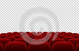 Empty movie theater auditorium with red seats. Cinema hall interior vector illustration