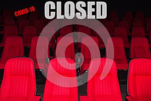 Empty movie theater with red seats. Coronavirus Covid-19