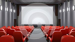 Empty movie theater with red seats and white screen. Ai Generated
