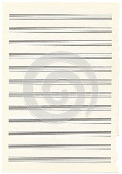 Empty music notebook sheet in a ruler for recording notes. Five-line staff without key. Vertical music page