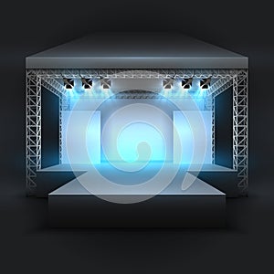 Empty music show stage with spotlights beams. Concert performance podium vector backdrop