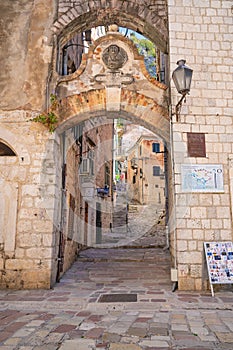 Empty narrow streets in old Kotor, Montenegro