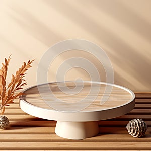 Empty natural wood grain round podium table white stand in sunlight shadow on blank beige brown wall background for luxury