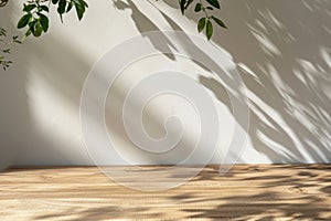 Empty natural wood table standing near white wall with plants leaves and shadows outdoors. Brown tabletop with copy