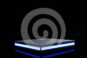 Empty neon light podium with line gradient neon line on the background dark. 3d rendering illustration abstract light cyberpunk