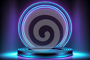 Empty neon podium or pedestal for product presentation. Glowing neon circle with platform with mockup space