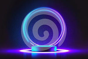 Empty neon podium or pedestal for product presentation. Glowing neon circle with platform with mockup space