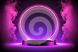 Empty neon podium or pedestal for product presentation. Glowing neon circle with platform with mockup space