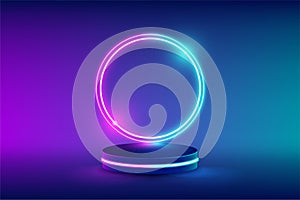Empty neon stage for product replacement with futuristic circles blue and pink neon light background. vector illustration