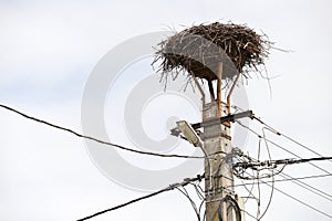 Empty nest of storks on an lamppost