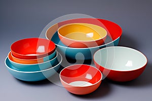 Empty new multicolored bowls and plates of small, medium and large size. Concept of housewares