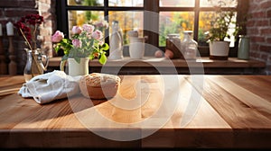 The empty new wooden table top in front with the kitchen blurred background. AI Generated