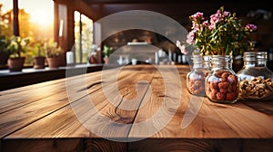 The empty new wooden table top in front with the kitchen blurred background. AI Generated
