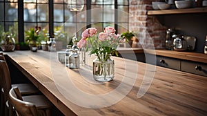 The empty new wooden tabletop in front with the kitchen blurred background. AI Generated