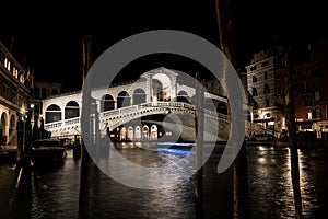 Empty, no tourists Venice. Realto bridge at night