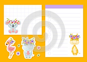 Empty Note Card with Cartoon Animal with Floral Wreath on Head Vector Template