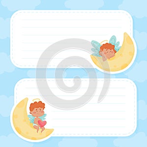 Empty Note Card with Cute Boy and Girl Angel Character with Wings and Nimbus on Crescent Vector Template