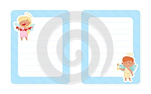Empty Note Card with Cute Boy and Girl Angel Character with Wings and Nimbus Vector Template