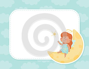 Empty Note Card with Cute Girl Angel Character with Wings and Nimbus on Crescent Vector Template