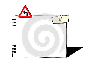 Empty note pad for entries. A road sign and a clip with a note. Dangerous bend. Isolated on white background