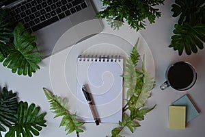 Empty notebook, laptop computer with green leaves on white office desk.