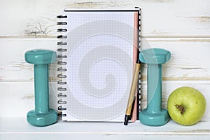 Empty Notebook for Workout Plan   Apple and Hand Weights