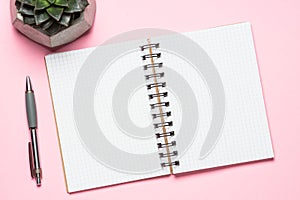 Empty notepad, smartphone and cactus on pink top view.