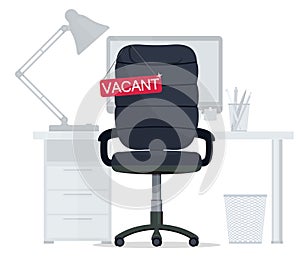 Empty Office chair with vacant sign. Employment, vacancy and hiring job. Vector