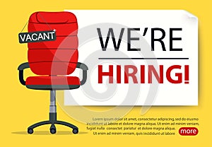 Empty Office chair with vacant sign. Employment, vacancy and hiring job. Vector