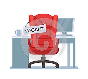 Empty office chair with vacant sign. Employment, vacancy and hiring job vector concept