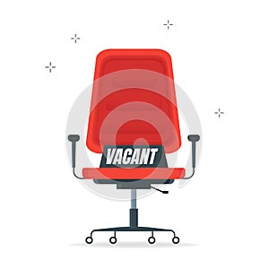 Empty office chair with vacant sign. Employment, vacancy and job recruitment vector concept. Chair vacancy