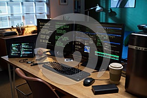 Empty Office Desk Displaying Multiple Computer Screens Running Programming Code