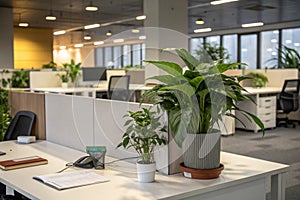 Empty office desk with plant and copy space photo