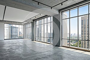Empty office with gray walls and panoramic windows