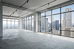 Empty office with gray walls and panoramic windows