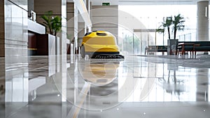 Empty office hall and cleaning machine, shiny clean marble floor and yellow vacuum equipment in building lobby. Concept of