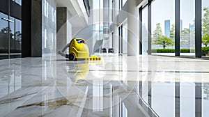 Empty office hall, shiny clean marble floor and yellow cleaning vacuum machine in modern building lobby. Concept of maintenance,