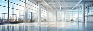 Empty office interior with panoramic windows.