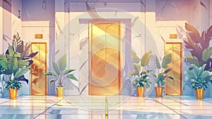 An empty office lobby or hotel hall, with gold elevator doors, marble walls and plants. Modern cartoon illustration.