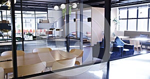 Empty office, modern workplace or space with furniture in work building. Corporate conference or business meeting room