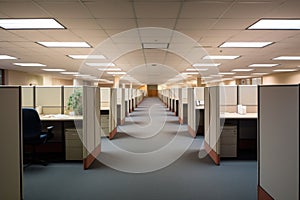 empty office with rows of unoccupied cubicles