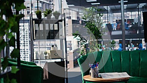 Empty office setup with modern furniture emphasizing preparation for conference