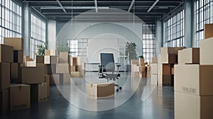 Empty Office Space with Cardboard Boxes and Office Chair